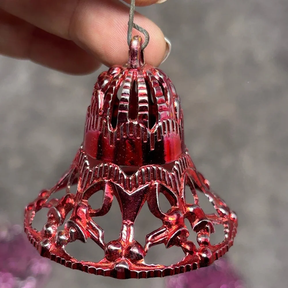 Vintage MCM Plastic Filigree Bell Christmas Ornaments Red Green Pink Lot of 4